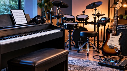 Digitalpiano, elektronisches Schlagzeug und E-Gitarre als Beispiele digitalisierter Musikinstrumente
