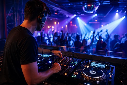 DJ beim Auflegen mit Controller und Publikum