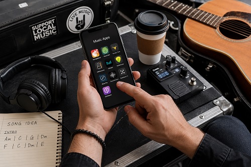 Musiker nutzt Musik-Apps auf Smartphone unterwegs