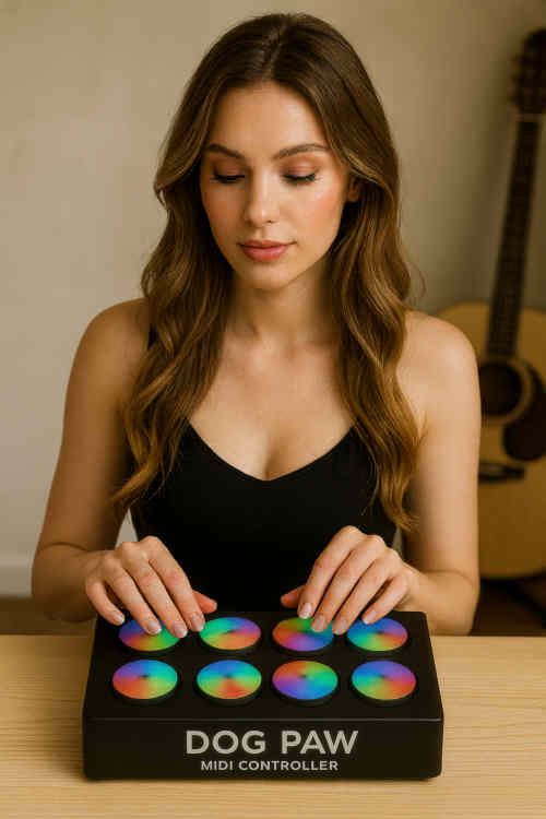 Dog Paw MIDI-Controller mit hübscher Musikerin, die es spielt