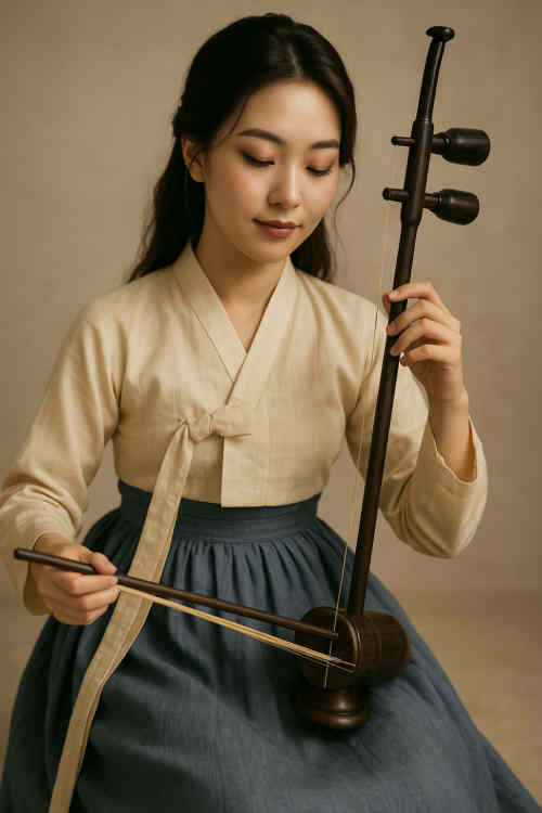 Koreanische Musikerin mit einer Haegeum